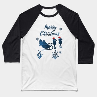 Santa Claus And Sea Seahorse Sleigh Baseball T-Shirt